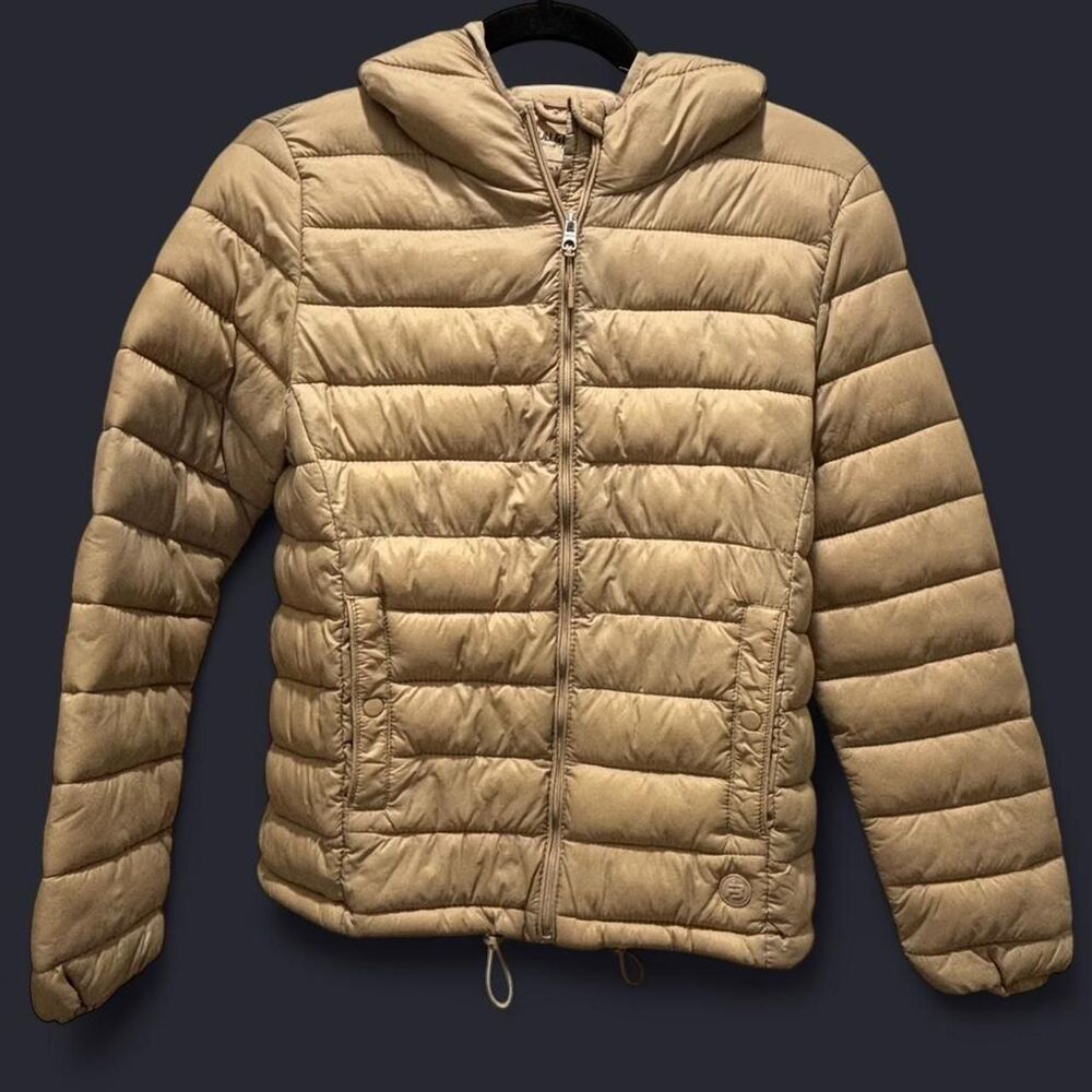 Pull & Bear Puffer Jacket S Small Tan Khaki Hooded Quilted Lightweight Zip